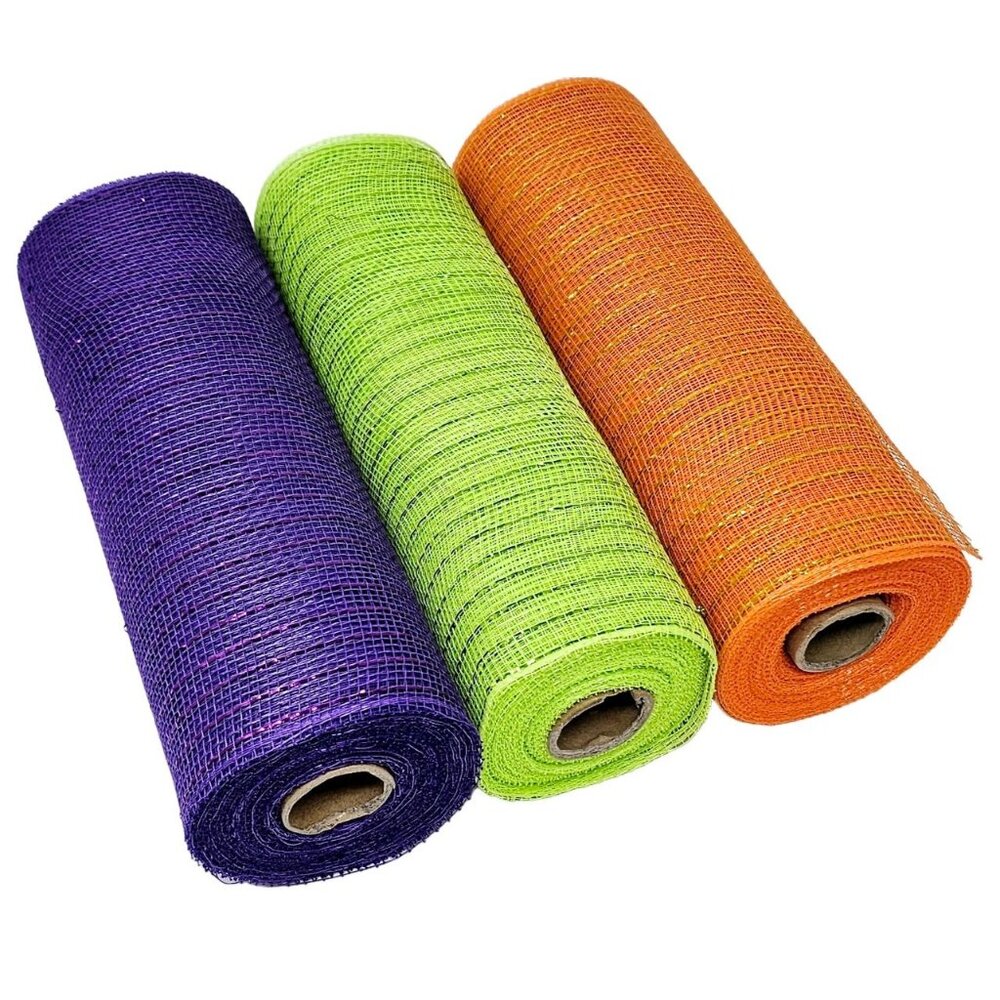 Tesadorz 10" Metallic Deco Mesh Ribbon Rolls - Orange, Purple, Lime Green